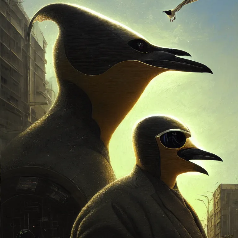 Image similar to A solarpunk very highly detailed Anthropomorphic cybertronic penguin wearing sport suit with very highly detailed face on the street of a very highly detailed solarpunk city digital rational painting art by Greg Rutkowski, sci-fi highly detailed, digital concept art, Volumetric natural light, sharp focus, Golden Ratio illustration, realistic concept art by Stephen Hickman and James Gurney and Hiromasa Ogura Ghost in the Shell rendered in VRAY, From the distance