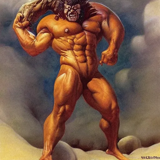 Image similar to hairy, heavy set, overbearing, hungry, menacing, giant painted by boris vallejo, frazetta