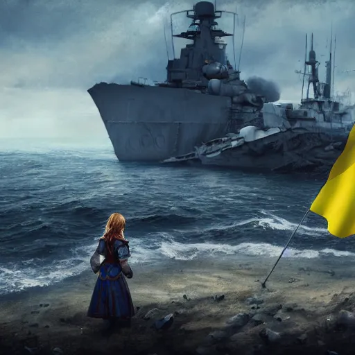 Image similar to ukrainian girl with ukrainian flag near big ruined warship, trying to survive, everywhere, concept art, trending on artstation, highly detailed, intricate, sharp focus, digital art, 8 k