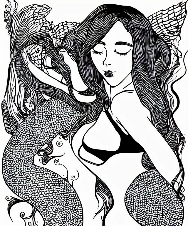 Prompt: black and white illustration, creative design, beautiful mermaid, full body, bikini top fish tail