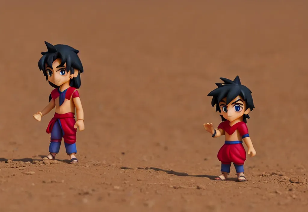 Image similar to side view of young aladdin as nendoroid walking in a desert village, 8 k, hd, dof, kodak film,