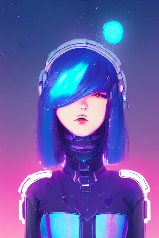 Prompt: digital illustration portrait of cyberpunk pretty cosmic girl galaxy armor with blue hair, wearing dominatrix outfit, in city street at night, by makoto shinkai, ilya kuvshinov, lois van baarle, rossdraws, basquiat