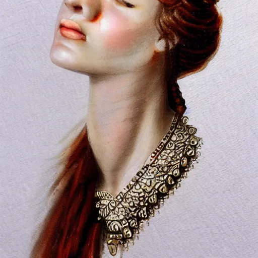 Image similar to amulet of helen of troy on a young beautiful woman neck, hyper realistic,