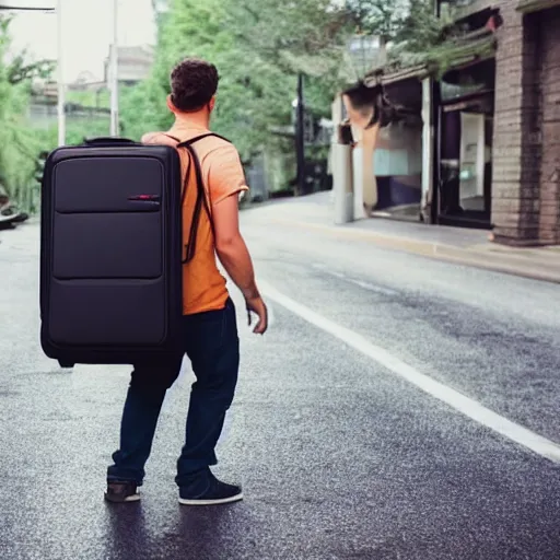 Prompt: a person, wearing a large wheelie suitcase as a backpack