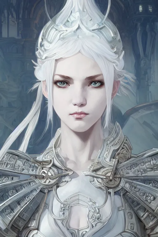 Image similar to portrait white hair knights of zodiac girl, matt white ice color armor, in ruined agora of athens, ssci - fi and fantasy, intricate and very very beautiful and elegant, highly detailed, digital painting, artstation, concept art, smooth and sharp focus, illustration, art by tian zi and wlop and alphonse mucha and ilya kuvshinov