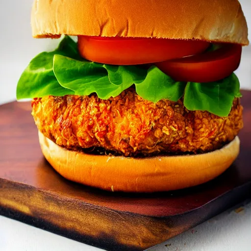 Image similar to a spicy crispy chicken burger, food photography, detailed, yum, sauce dripping down the side