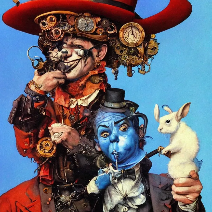 Prompt: a portrait painting of a happy steampunk psychedelic clown holding a rabbit. blue foggy atmosphere, black background. highly detailed science - fiction painting by norman rockwell, moebius, frank frazetta, and syd mead. rich colors, high contrast. artstation