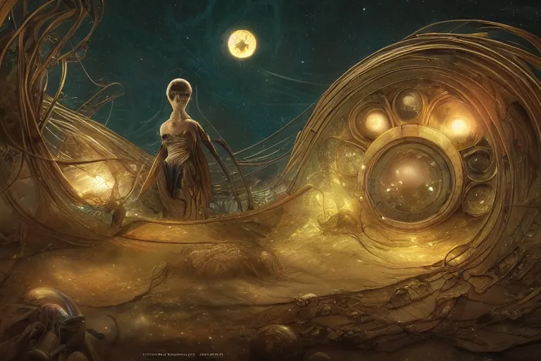 Prompt: Esao Andrews, scifi nightscape, planets, hyperrealistic surrealism, award winning masterpiece with incredible details, epic stunning, physically accurate, moody dynamic lighting, very very intricate, very very elegant, highly detailed, infinity concentric pool, a surreal vaporwave liminal space, highly detailed, trending on ArtStation, artgerm and greg rutkowski and alphonse mucha, daily deviation, IAMAG, broken giant vaporwave marble head statue ruins, calming, meditative