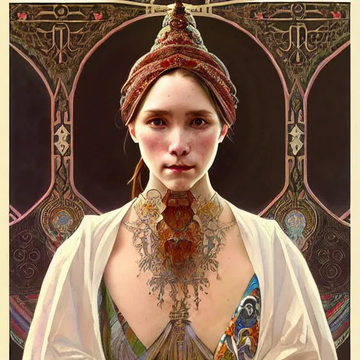 Image similar to a portrait of a female, upper half portrait, decorated with russian motifs, russian shaman, siberia, traditional russia, intricate, elegant, highly detailed, symmetry, headpiece, digital painting, artstation concept art smooth sharp focus, illustration, art by artgerm and greg rutkowski alphonse mucha 8 k