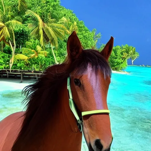 Image similar to a cartoon horse got on a plane and went to the maldives