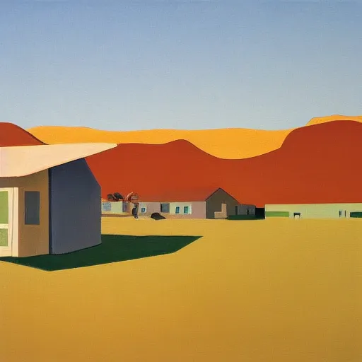 Image similar to motel in a desert rural landscape, painted by Alex Katz and Edward Hopper, airbrush, highly detailed