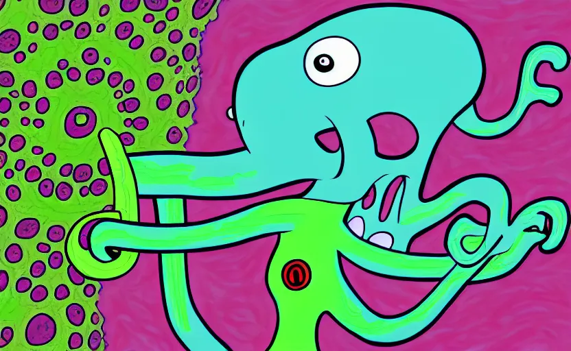 Image similar to squidward taking an acid trip, digital painting