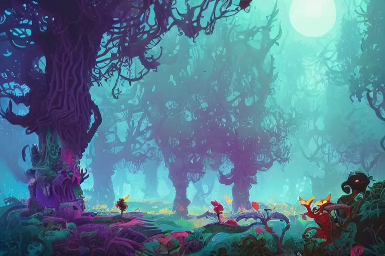 Image similar to An amazing mystical forest with weird creatures by oward Arkley, Anton Fadeev and Dan Mumford