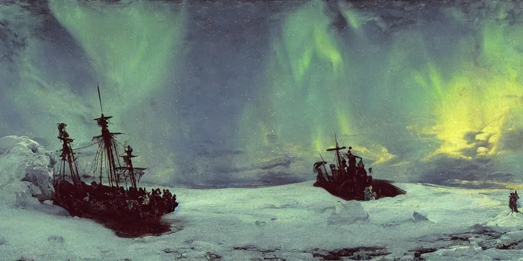 Prompt: Baroque Painting of a Pirate ship stuck in ice on cold sea by Ilya Repin. star lit sky, ultra realistic. Northern lights, Cinematic composition