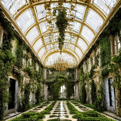 Image similar to a dream about inside opulent abandoned overgrown Palace of Versailles, lush plants growing through the floors and walls, walls are covered with vines, beautiful, dusty, golden volumetric light shines through giant broken windows, rich with epic details and dreamy atmosphere