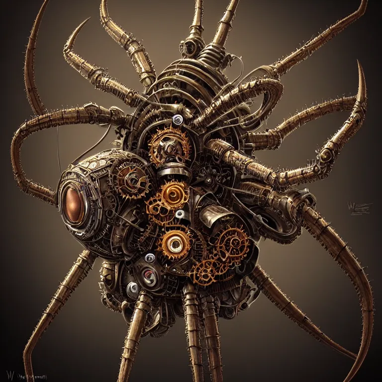 Image similar to steampunk spider, biomechanical, very coherent symmetrical artwork, 3 d model, unreal engine realistic render, 8 k, micro detail, intricate, elegant, highly detailed, centered, digital painting, artstation, smooth, sharp focus, illustration, artgerm, tomasz alen kopera, by wlop