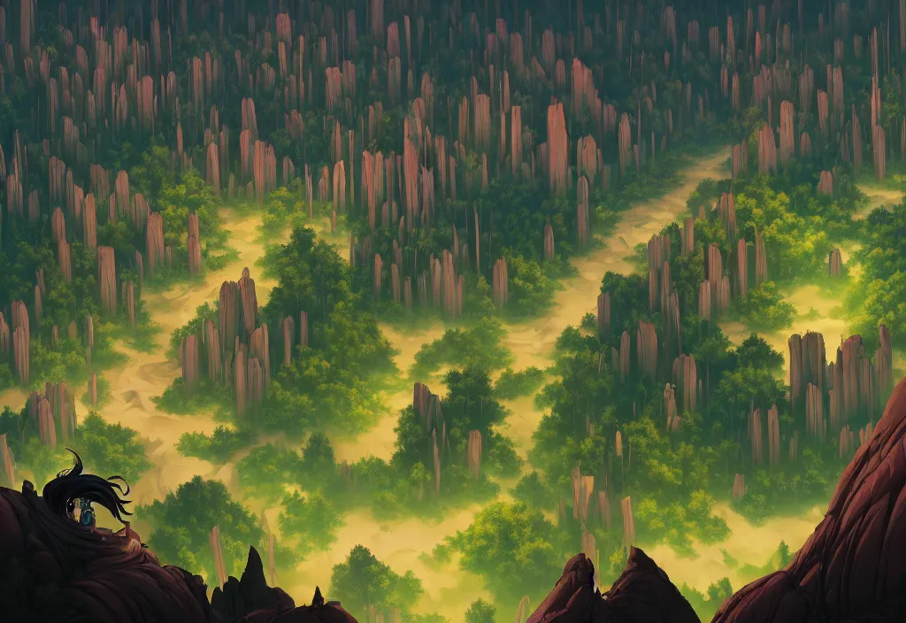 Image similar to high view of the background of a forest that has an endless pit in the bottom of the image, stylised painting, visible brush strokes, forest, medieval architecture, dynamic lighting, aesthetics, smooth, d & d, fantasy, asymmetrical, intricate, elegant, matte painting, by makoto shinkai borderlands and by feng zhu rossdraws, fan art, cartoon style