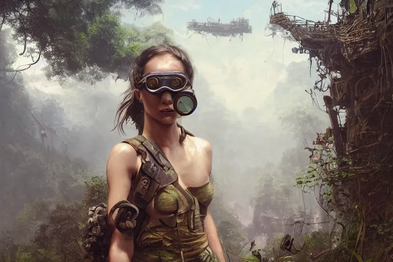 Image similar to artstation concept of a beautiful adventurous girl wearing goggles holding a machine pistol, sweaty skin, symmetrical face, high body detail, ripped up field fatigues, jungle background with ruins, vines, hyperdetailed, artstation trending, world renowned artists, worth1000.com, cgsociety, by greg rutkowski, by Gustave Doré, by Marco Turini, by Artgerm, Deviantart in the style of Tom Bagshaw, Cedric Peyravernay, Peter Mohrbacher