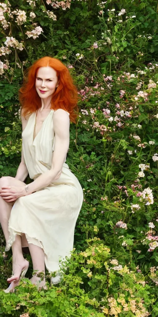 Prompt: beautiful redhead woman, nicole kidman, long hair, beautiful dress, 1930, out of focus, sitting in green garden