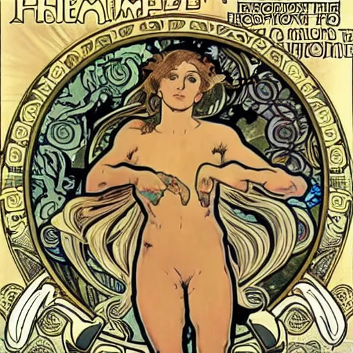 Image similar to prometheus creating humans in the style of alphonse mucha