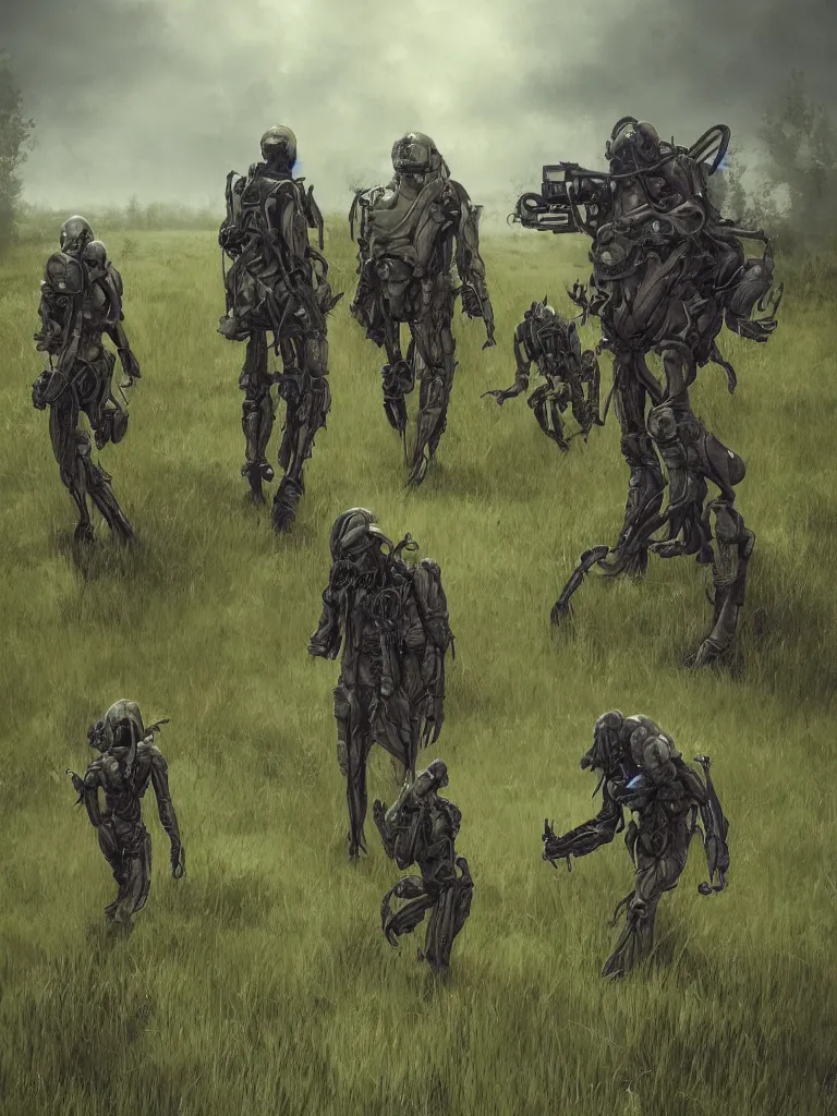 Prompt: stalkers in the zone, grass field, old alien artifacts, trending on artstation