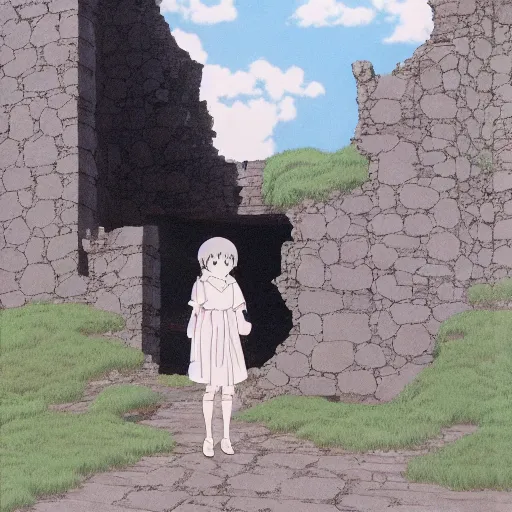 Prompt: ghost of a young girl, a ruined castle, cel shaded, studio ghibli, hayao miyazaki