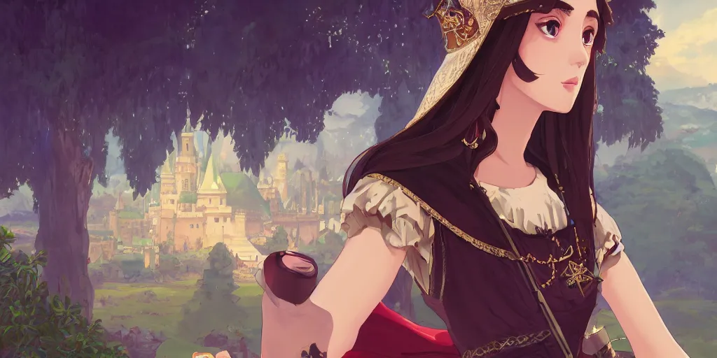 Image similar to portrait of elegant brunette as a medieval royalty, medieval castle background, shallow focus, rich vivid colors, ambient lighting, dynamic lighting, 4k, official media, anime key visual, makoto shinkai, ilya kuvshinov, lois van baarle, rossdraws, detailed, trending on artstation