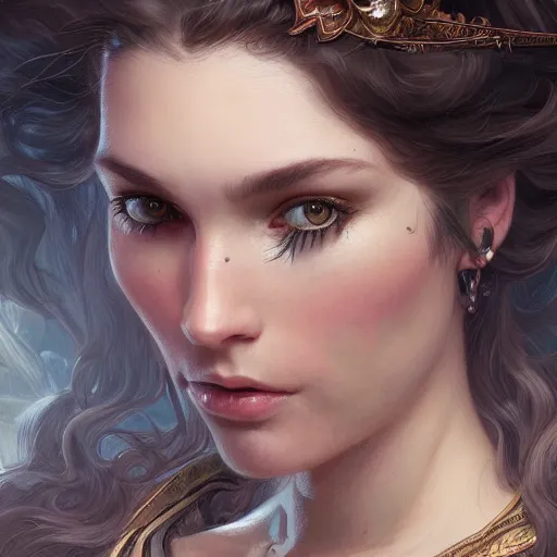 Image similar to close up portrait of a woman with her face covered by hair, D&D, fantasy, intricate, elegant, highly detailed, digital painting, artstation, concept art, matte, sharp focus, illustration, hearthstone, art by Artgerm and Greg Rutkowski and Alphonse Mucha