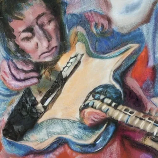 Prompt: women playing guitar, televisions, hd, photoreal cinema still, pastel in the style of bruce weber