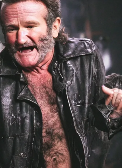 Prompt: promotional image of robin williams as a heavy metal singer, rugged black clothes, detailed face, movie still frame, promotional image, imax 70 mm footage