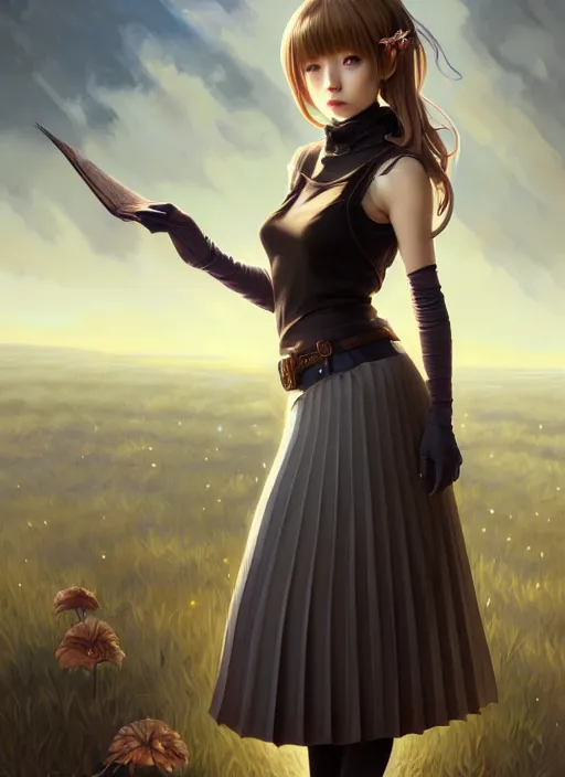 Image similar to portrait of a full body of beautiful young female detective, d & d, sleeveless turtleneck, pleated skirt, fantasy, flat lighting, intricate, highly detailed, digital painting, artstation, concept art, smooth, sharp focus, illustration, misa amane, art by simon bisley and greg rutkowski and alphonse mucha, natural tpose