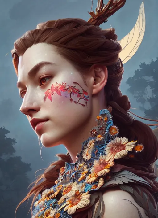 Image similar to symmetry!! portrait of floral! horizon zero dawn machine, intricate, elegant, highly detailed, digital painting, artstation, concept art, smooth, sharp focus, illustration, art by artgerm and greg rutkowski and alphonse mucha, 8 k