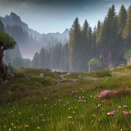 Prompt: magical landscape with a meadow in the foreground, a battle between two fantasy armies, a forest in the background and a mountain on the horizon, realistic, detailed, cinematic light, art by unreal engine 5 art