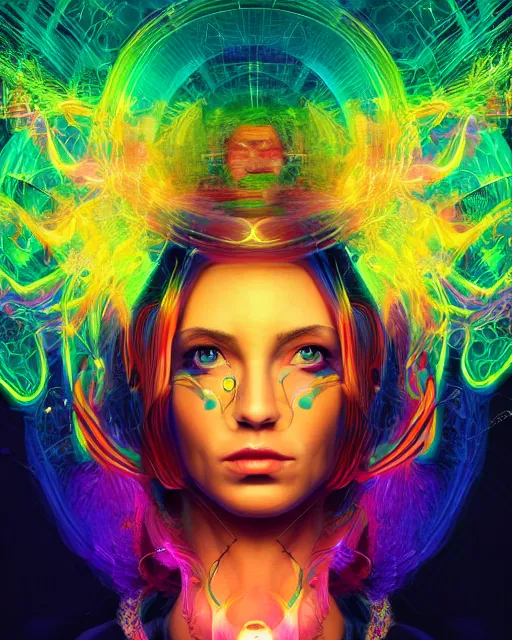 Image similar to a powerful energy psychedelic woman, by alexander fedosav, hyper detailed digital matte painting, concept art, hyperrealism, 1 6 k resolution, cinema 4 d, 8 k resolution, trending on artstation, behance hd, a masterpiece, by stephan martiniere, particles, cel - shaded, power bright neon energy, by david a. hardy,