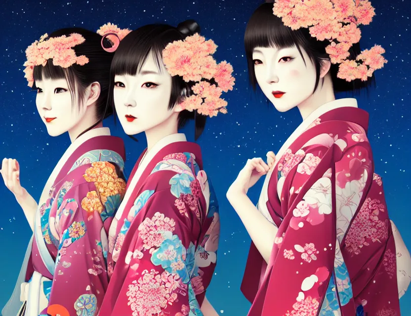 Image similar to two beautiful charming japan girls wear arty kimono in festival | | sunny night, full moon, dreamlike art, realistic shaded, smile, good looking, hyper details, 4 k realistic, cryengine, realistic shaded lighting poster by ilya kuvshinov, fuji choko, ross tran, 8 k resolution, trending on artstation, luxury