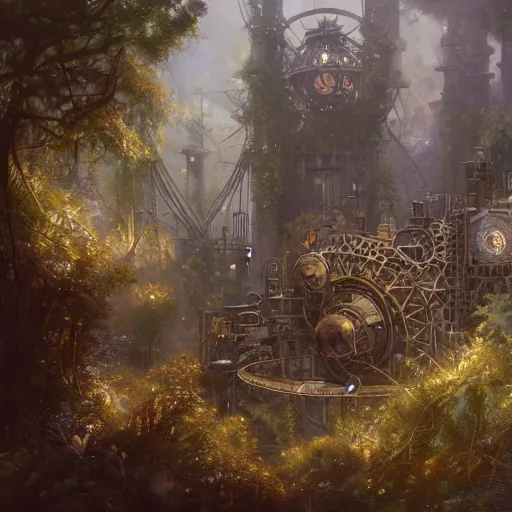 Image similar to a ultradetailed beautiful concept art of the core of a steampunk machine where vegetation have start to peacefully grow, concept art, high resolution 4 k, by tom bagshaw, greg rutkowski, charli bowater and artgeem