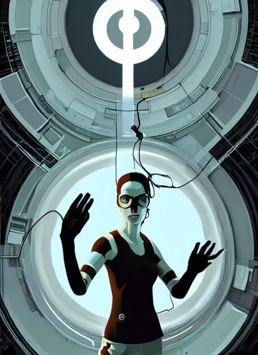 Image similar to poster artwork by Michael Whelan and Tomer Hanuka, of GLADOS from the game Portal 2, from Valve, Aperture Science, clean