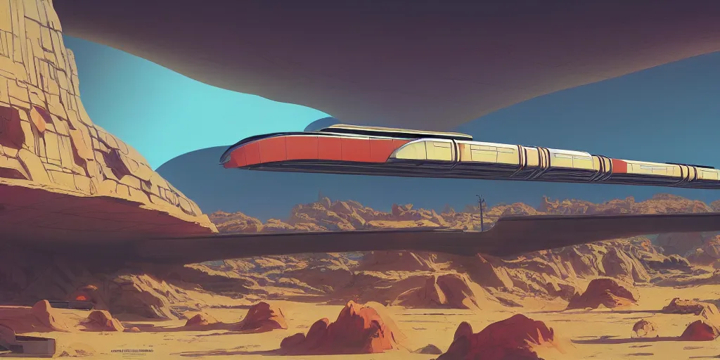 Prompt: concept art monorail shonan in martian landscape, brutalism, colorful, syd mead, isamu imakake, 4 k resolution, octane render, intricate, ultra detailed, medium full shot, volumetric lighting, cinematic lighting + masterpiece,