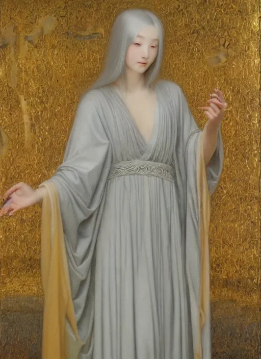 Image similar to thin young beautiful girl with silver hair, pale!, wearing robes, wearing hair, female goddess, pale smooth, young cute wan asian face, silver robes!!, oil on canvas by jean delville, 4 k resolution, aesthetic!,