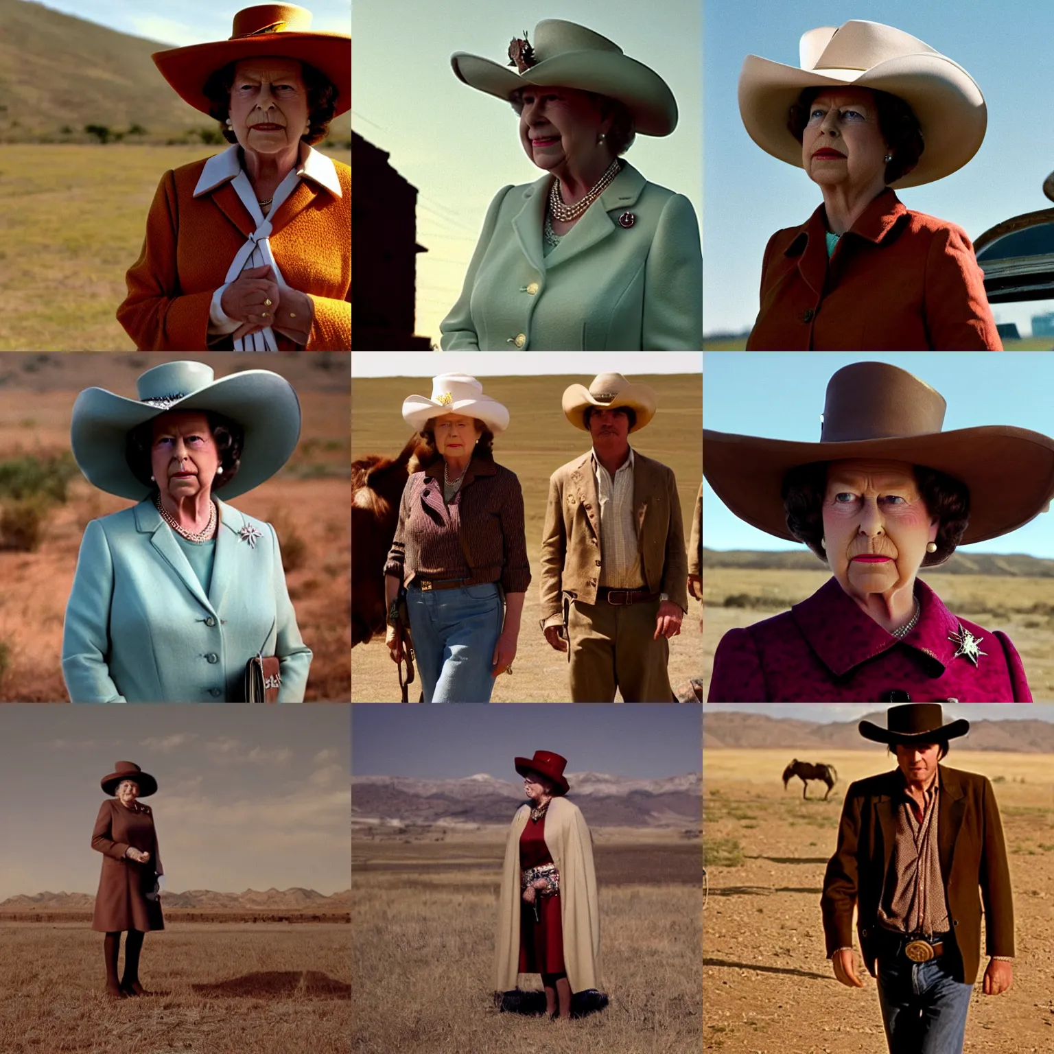 Prompt: queen elizabeth wearing a cowboy hat in no country for old men, film still, high quality