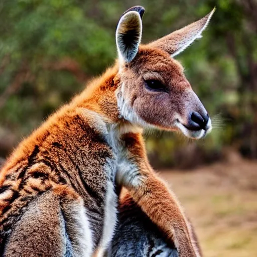 Prompt: a kangaroo with tiger stripes and a big red beard