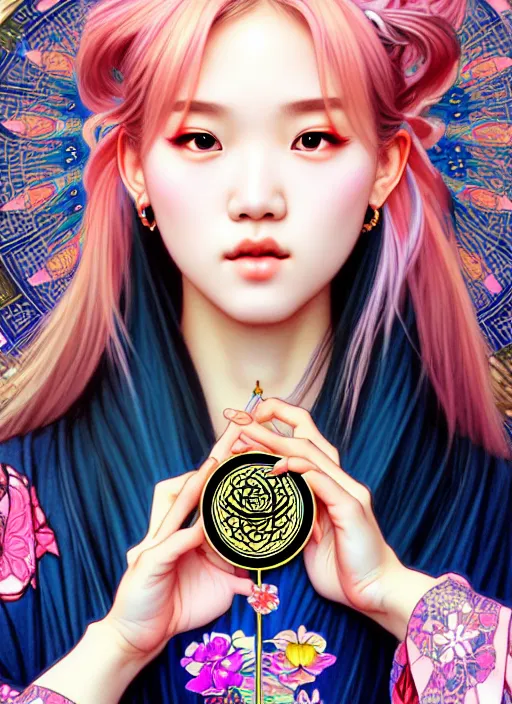 Image similar to jossi of blackpink, yukata, tarot card, highly detailed, digital painting, smooth, sharp focus, illustration, ultra realistic, 8 k, art by artgerm and alphonse mucha