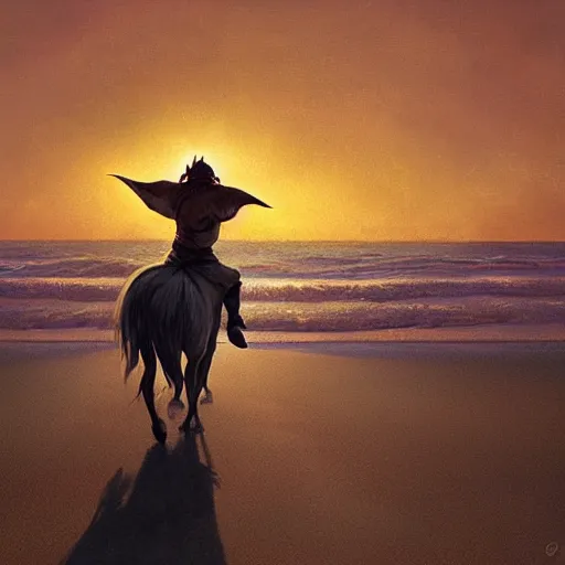 Prompt: baby yoda riding a horse on the beach at sunset by greg rutkowski