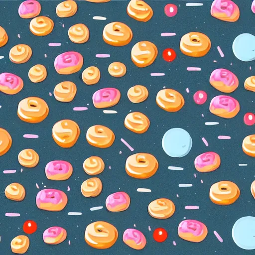 Image similar to raining donuts on a city in a studio ghibli animation