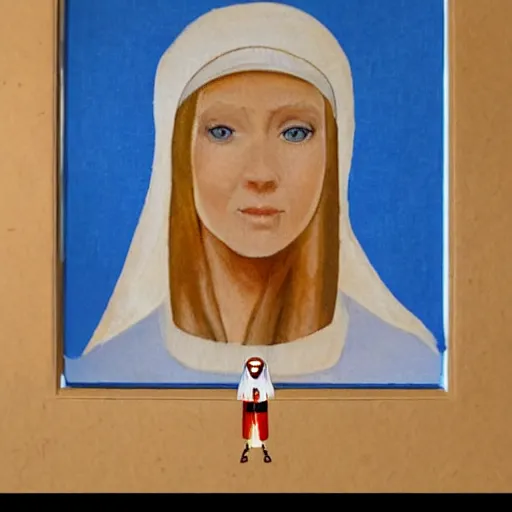 Prompt: blonde nun in blue clothes on roller skates, photorealistic, in the style of michaelangelo