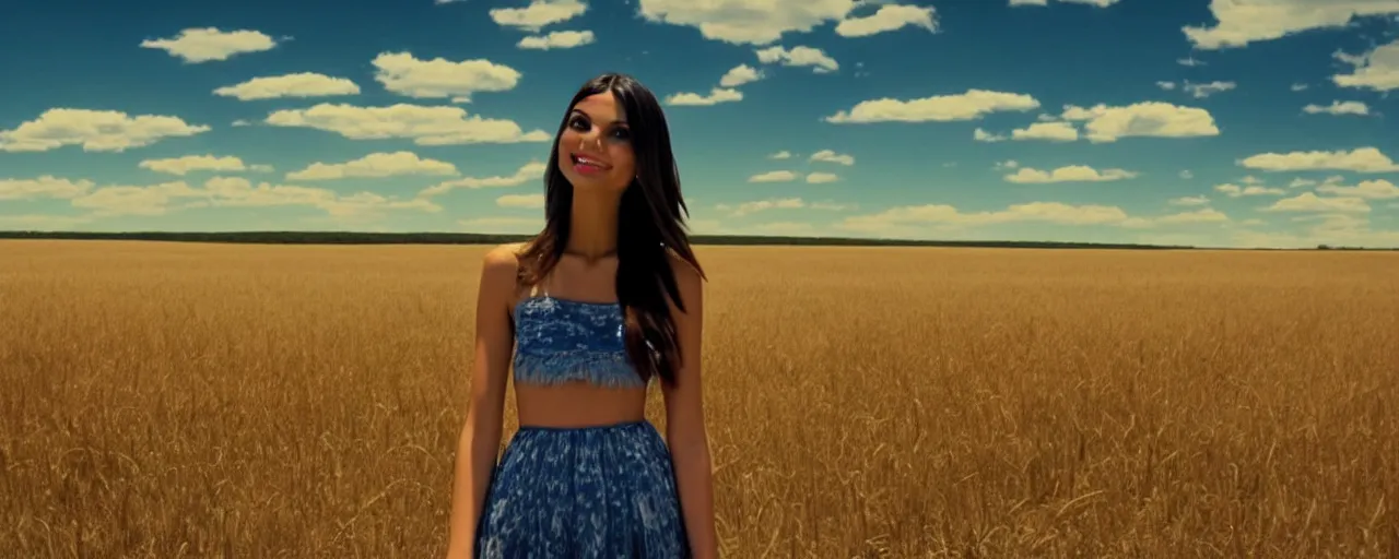 Prompt: film still of victoria justice, kansas landscape and sky, intricate, beautiful, serene, majestic, detailed, ultra, mega, super, visable sounds waves