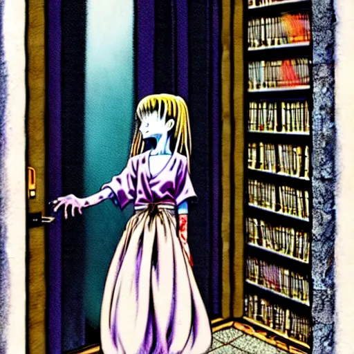 Prompt: a richly detailed color  illustration depicting in the 1990s a woman who listens to grunge music looking curiously at a classic style ghost standing closely to her left side in the creepy library, ultra masterfully painted on frosted glass by Akira Toriyama and Mina Petrovic, Range Murata, Katsuhiro Otomo, Yoshitaka Amano, and Artgerm. 3D shadowing effect, 8K resolution, 3D shadowing effect, ultra ornate detail, digital Provio .