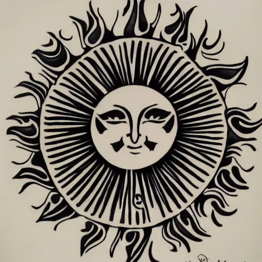 Image similar to tattoo design, stencil, a single eye in the centre of the sun with ancient symbols flowing around it