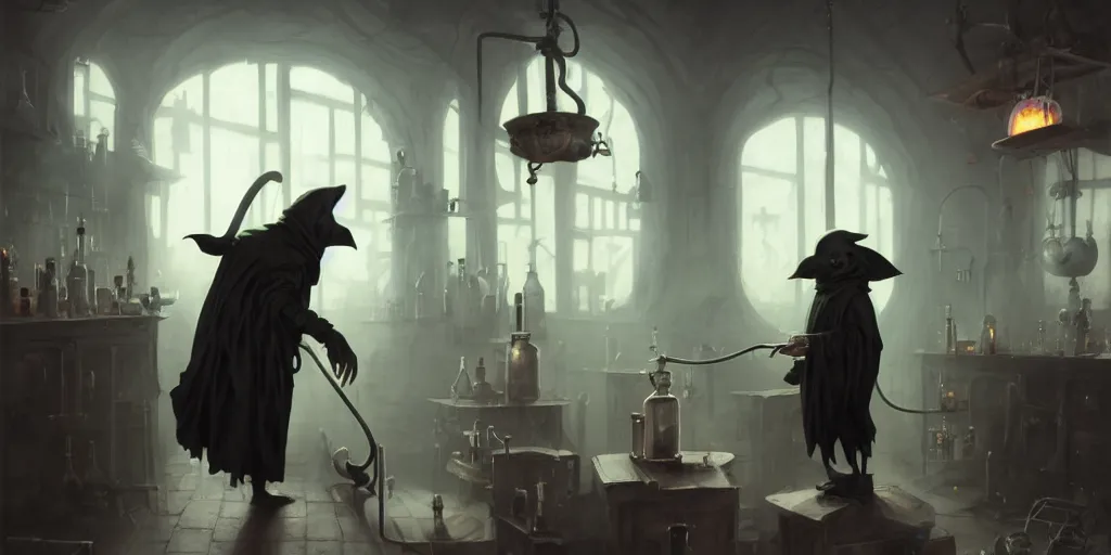 Prompt: a plague doctor and a humanoid rat in a laboratory with lots of flasks filled with magic liquids and poisonous fog, stephen bliss, unreal engine, fantasy art by greg rutkowski, loish, rhads, ferdinand knab, ilya kuvshinov, rossdraws, tom bagshaw, global illumination, radiant soft light, detailed and intricate environment