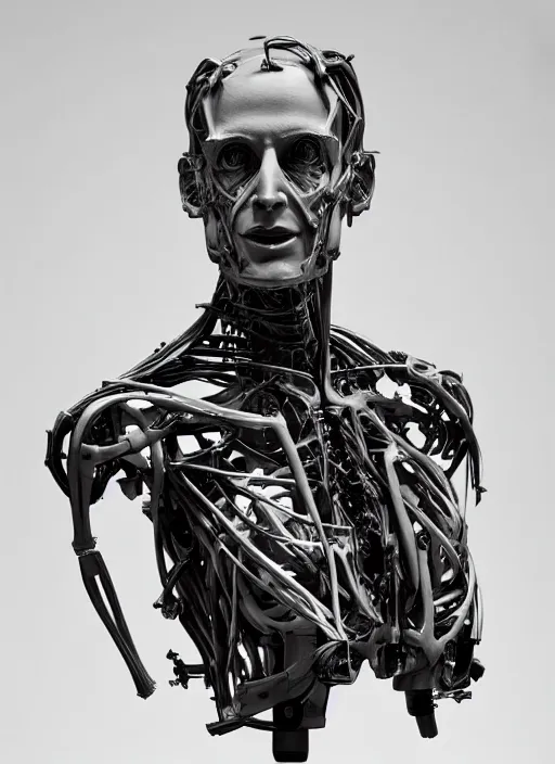 Prompt: an orthographic damaged bust sculpture of anatomical Android, veins, titanium mechanical parts, studio lighting by Wes Anderson